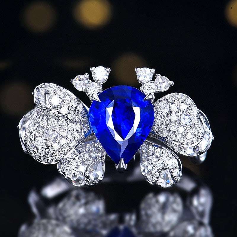 14k Gold 2.59 Ctw Natural Sapphire & Diamond Ring/pendant( Without Chain ): Ref:230970069 // gold content:14k gold // ring size:7. 25us // // main gemstone:sapphire // shape:pear // carat weight:1. 97ct // color:royal blue // treatment:natural // // adjacent gemstone 2 :