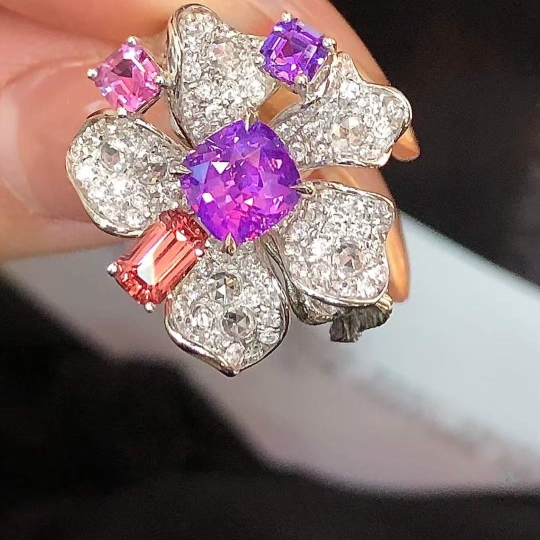 14k Gold 1.78 Ctw Natural Sapphire & Diamond Ring: Ref:230970074 // gold content:14k gold // ring size:7. 25us // // main gemstone:sapphire // shape:cushion // carat weight:1. 21ct // color:purple // treatment:natural // // adjacent gemstone 2 :