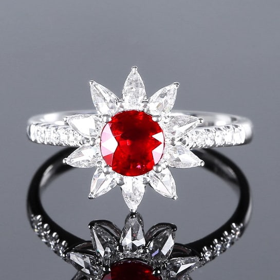 14k Gold 1.43 Ctw Natural Ruby & Diamond Ring: Ref:230970077 // gold content:14k gold // ring size:7. 25us // // main gemstone:ruby // shape:round // carat weight:1. 02ct // color:pigeonblood red // treatment:natural // cut grade:g // // adjacent