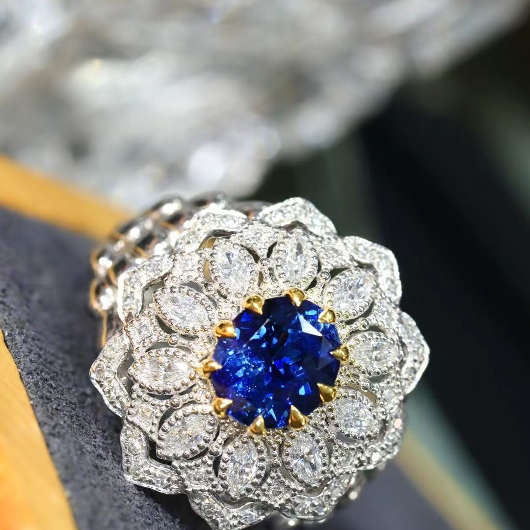 14k Gold 1.25 Ctw Natural Sapphire & Diamond Ring: Ref:230970081 // gold content:14k gold // ring size:7. 25us // // main gemstone:sapphire // shape:oval // carat weight:1. 12ct // color:blue // treatment:natural // // adjacent gemstone 2 :