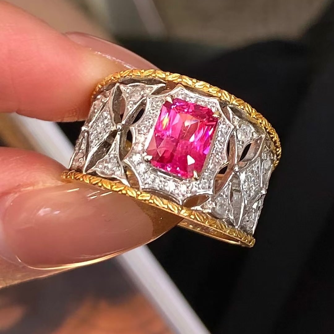 14k Gold 1.60 Ctw Natural Spinel & Diamond Ring: Ref:230970084 // gold content:14k gold // ring size:7. 25us // // main gemstone:spinel // shape:octagonal // carat weight:1. 12ct // color:pink // treatment:natural // // adjacent gemstone 2 :