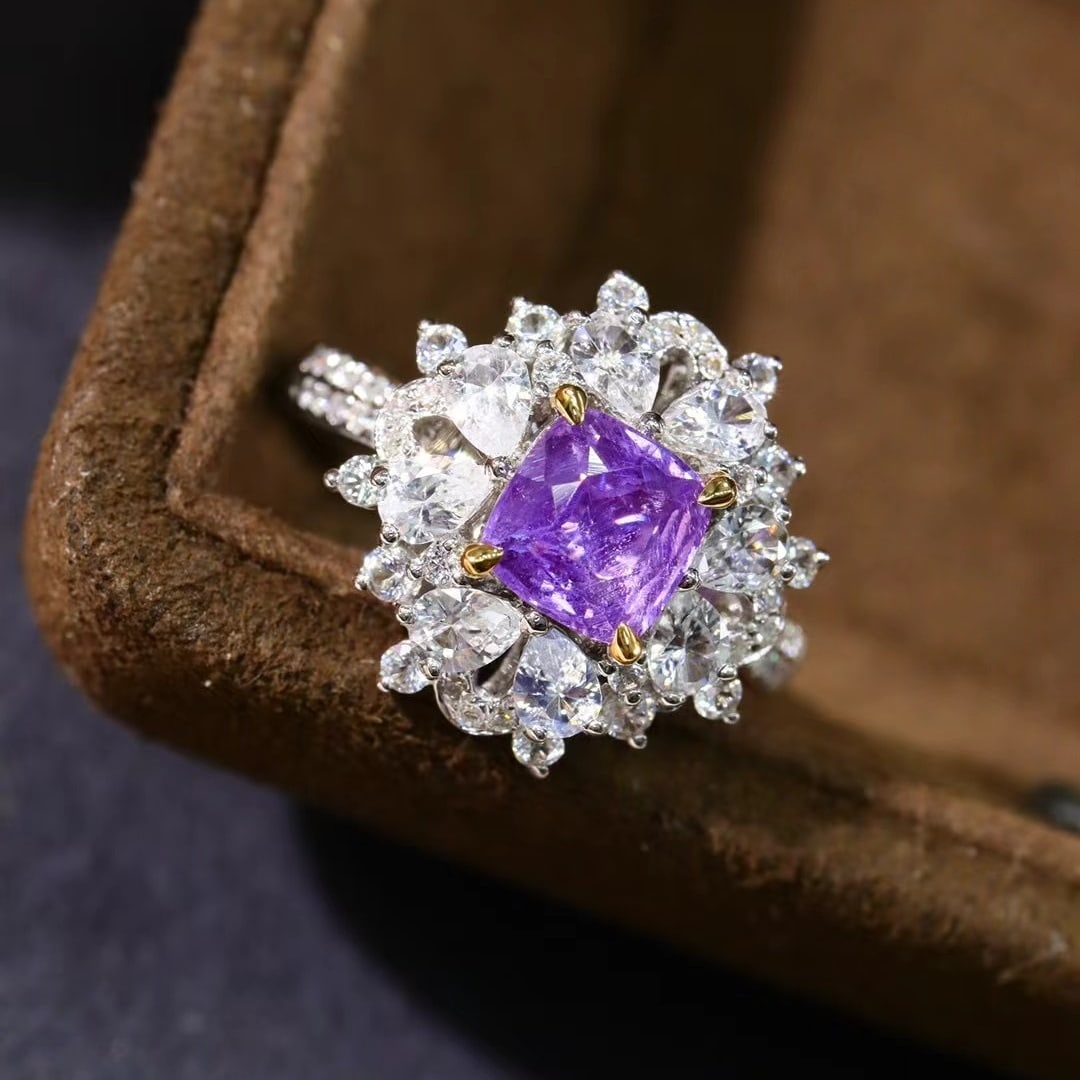 14k Gold 1.46 Ctw Natural Sapphire & Diamond Ring: Ref:230970090 // gold content:14k gold // ring size:7. 25us // // main gemstone:sapphire // shape:cushion // carat weight:1. 02ct // color:purple // treatment:natural // // adjacent gemstone 2 :