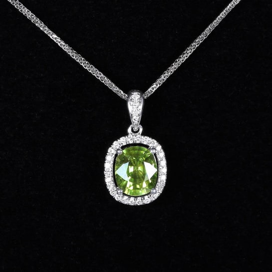 14k Gold 1.49 Ctw Natural Sapphire & Diamond Pendant( Without Chain ): Ref:230970095 // gold content:14k gold // main gemstone:sapphire // shape:oval // carat weight:1. 34ct // color:yellowish green // treatment:natural // // adjacent gemstone 2 : diamond // number of