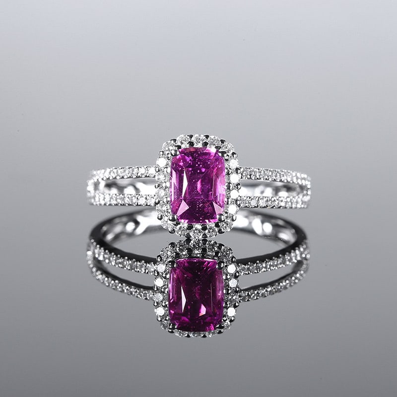 14k Gold 1.44 Ctw Natural Padparadscha Sapphire & Diamond Ring: Ref:230970103 // gold content:14k gold // ring size:7. 25us // // main gemstone:padparadscha sapphire // shape:cushion // carat weight:1. 12ct // color:orangish pink // treatment:natural // //