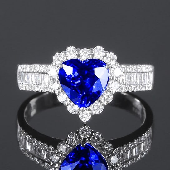 14k Gold 2.30 Ctw Natural Sapphire & Diamond Ring: Ref:230970105 // gold content:14k gold // ring size:7. 25us // // main gemstone:sapphire // shape:heart // carat weight:1. 72ct // color:royal blue // treatment:natural // // adjacent gemstone 2 :