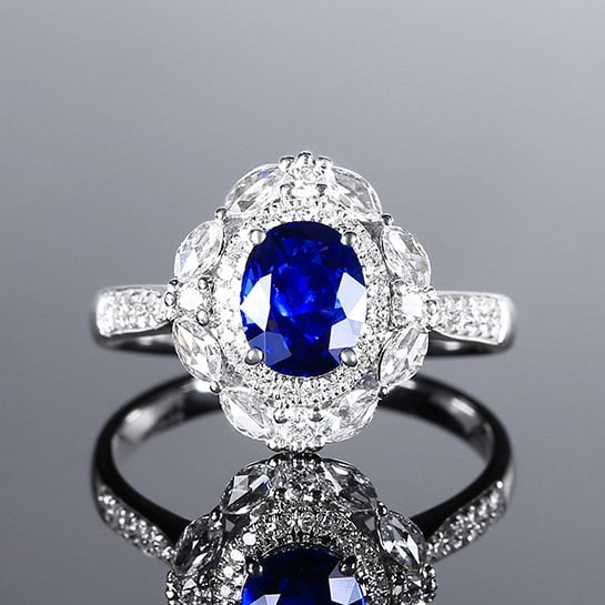 14k Gold 1.51 Ctw Natural Sapphire & Diamond Ring: Ref:230970108 // gold content:14k gold // ring size:7. 25us // // main gemstone:sapphire // shape:oval // carat weight:1. 06ct // color:royal blue // treatment:natural // // adjacent gemstone 2 :