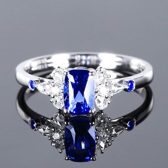 14k Gold 1.20 Ctw Natural Sapphire & Diamond Ring: Ref:230970126 // gold content:14k gold // ring size:7. 25us // // main gemstone:sapphire // shape:cushion // carat weight:1. 05ct // color:royal blue // treatment:natural // // adjacent gemstone 2