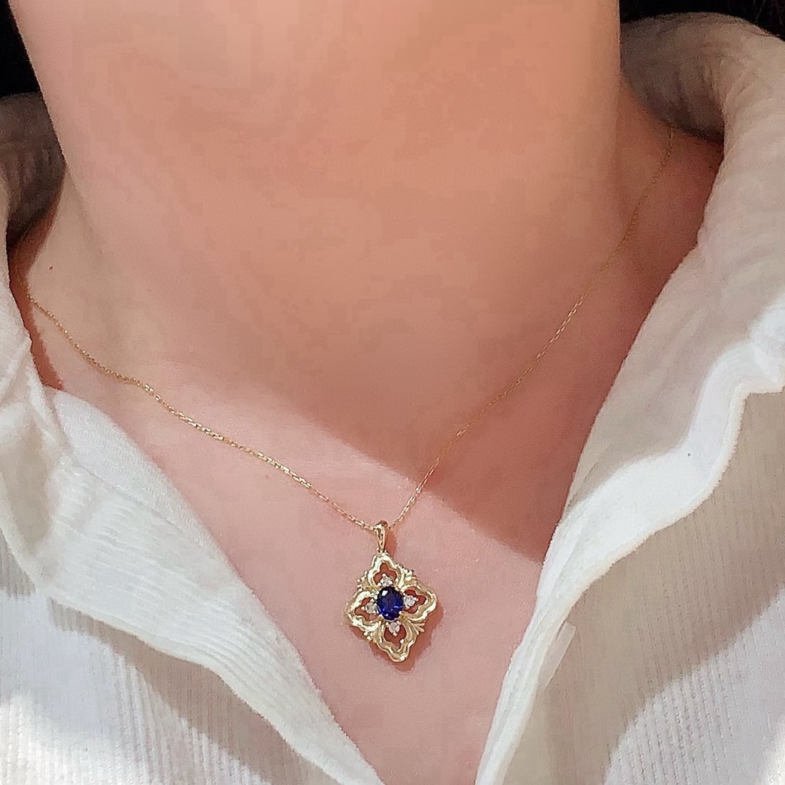 14k Gold 0.65 Ctw Natural Sapphire & Diamond Pendant( Without Chain ) - 7