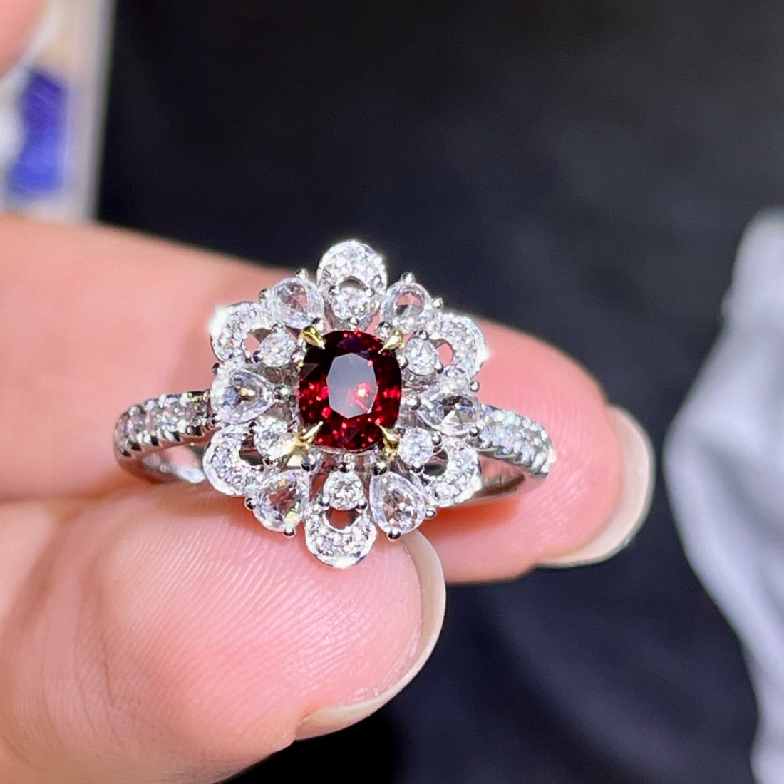 14k Gold 1.28 Ctw Natural Ruby & Diamond Ring: Ref:230970139 // gold content:14k gold // ring size:7. 25us // // main gemstone:ruby // shape:cushion // carat weight:0. 77ct // color:pigeonblood red // treatment:natural // // adjacent gemstone 2 :