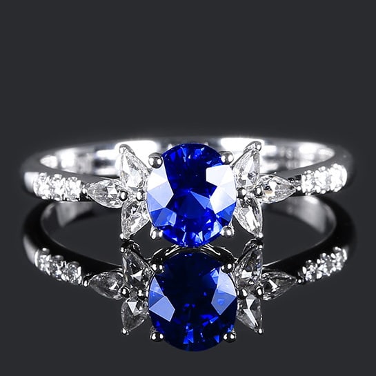 14k Gold 1.19 Ctw Natural Sapphire & Diamond Ring: Ref:230970145 // gold content:14k gold // ring size:7. 25us // // main gemstone:sapphire // shape:oval // carat weight:1. 02ct // color:royal blue // treatment:natural // // adjacent gemstone 2 :