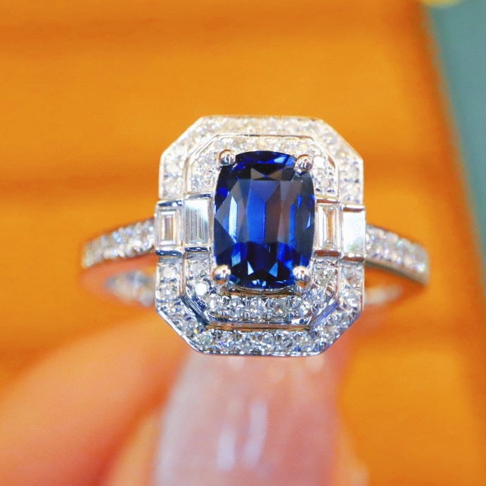 14k Gold 1.51 Ctw Natural Sapphire & Diamond Ring: Ref:230970151 // gold content:14k gold // ring size:7. 25us // // main gemstone:sapphire // shape:cushion // carat weight:1. 2ct // color:royal blue // treatment:natural // // adjacent gemstone 2