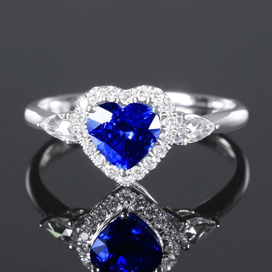 14k Gold 1.41 Ctw Natural Sapphire & Diamond Ring: Ref:230970152 // gold content:14k gold // ring size:7. 25us // // main gemstone:sapphire // shape:heart // carat weight:1. 17ct // color:royal blue // treatment:natural // // adjacent gemstone 2 :