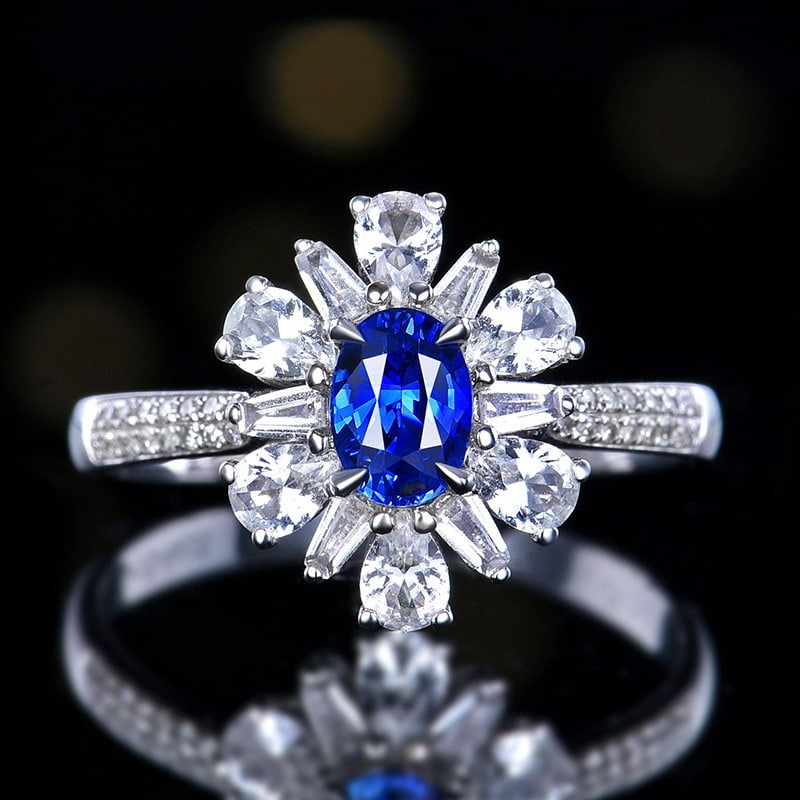 14k Gold 0.73 Ctw Natural Sapphire & Diamond Ring: Ref:230970153 // gold content:14k gold // ring size:7. 25us // // main gemstone:sapphire // shape:oval // carat weight:0. 64ct // color:royal blue // treatment:natural // // adjacent gemstone 2 :