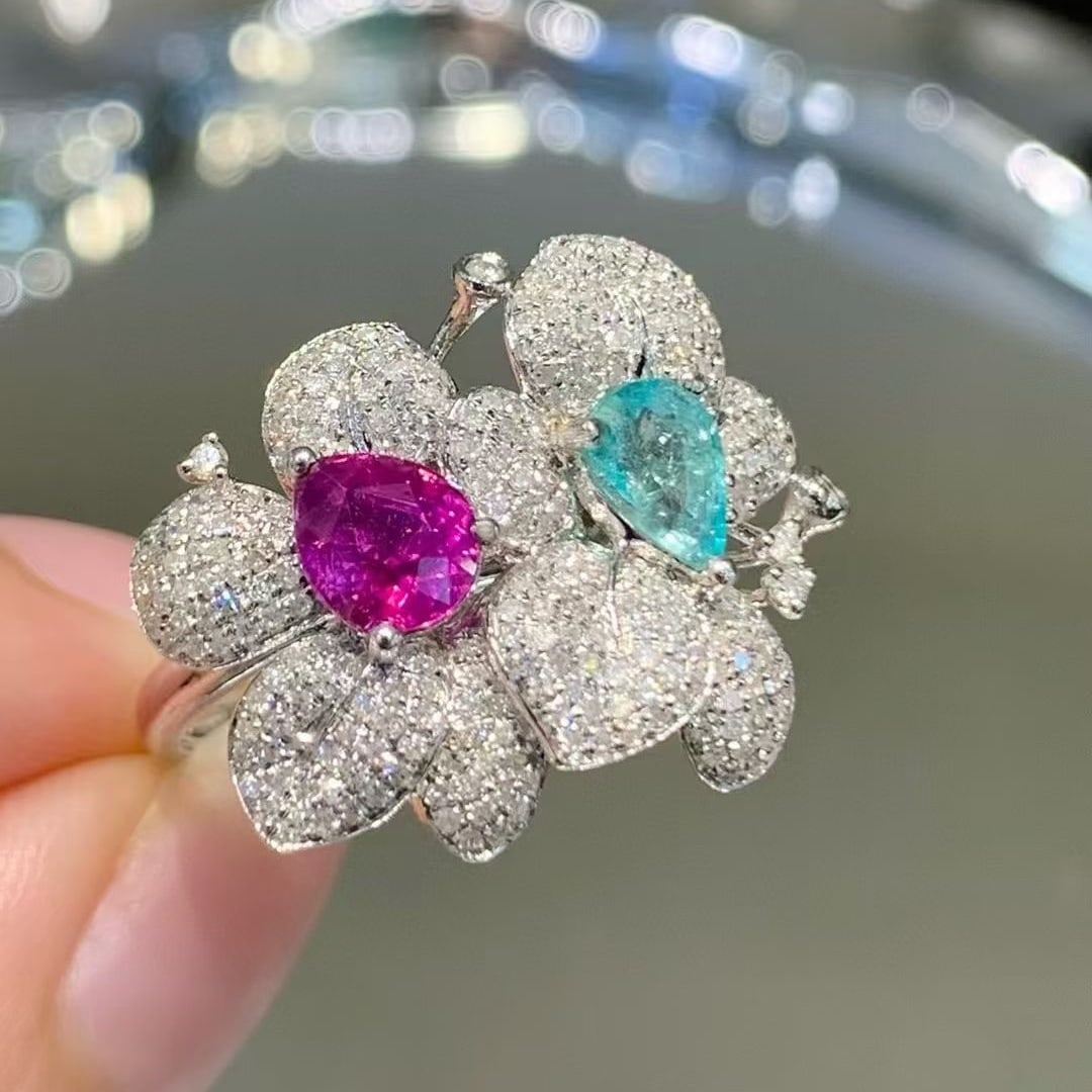 14k Gold 1.5 Ct Natural Paraiba Tourmaline & Sapphire & Diamond & Toi Et Moi Ring: Ref:230970156 // gold content:14k gold // ring size:7. 25us // // main gemstone:paraiba tourmaline & sapphire // shape:pear // carat weight:1. 5ct // color:blue & purple // treatment:natural // //