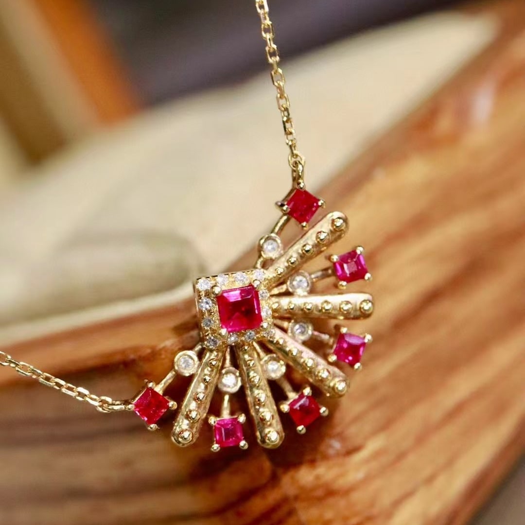 14k Gold 0.51 Ctw Natural Ruby & Diamond Necklace: Ref:230970159 // gold content:14k gold // main gemstone:ruby // shape:square // carat weight:0. 45ct // color:red // treatment:natural // // adjacent gemstone 2 : diamond // shape:round // carat