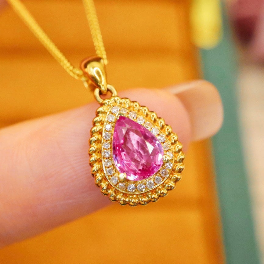 14k Gold 0.99 Ctw Natural Padparadscha Sapphire & Diamond Pendant( Without Chain ) - 2