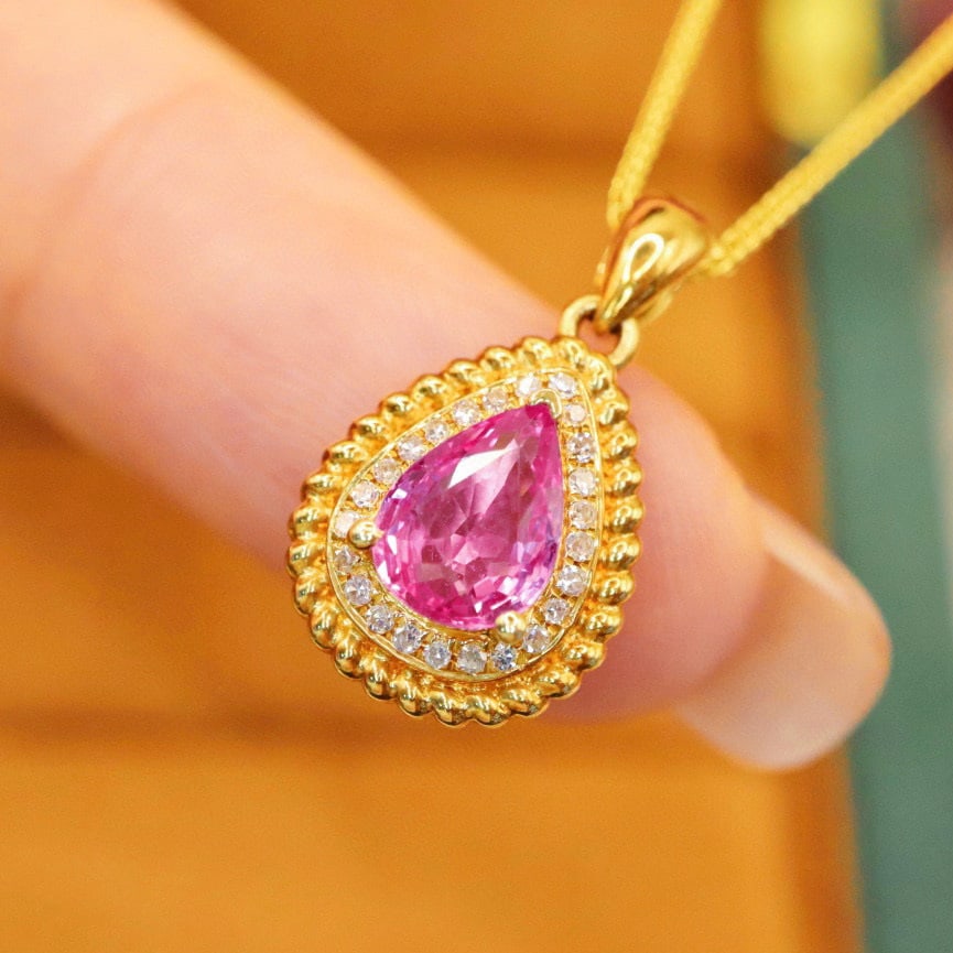 14k Gold 0.99 Ctw Natural Padparadscha Sapphire & Diamond Pendant( Without Chain ) - 3