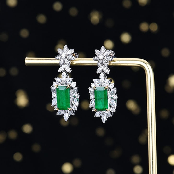 14k Gold 3.76 Ctw Vivid Green Natural Emerald & Diamond Earrings - 2