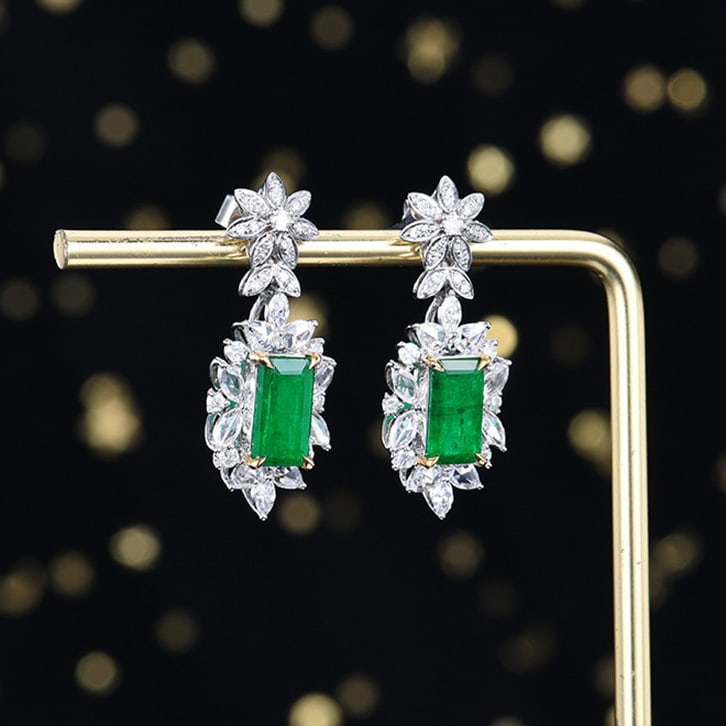 14k Gold 3.76 Ctw Vivid Green Natural Emerald & Diamond Earrings - 3