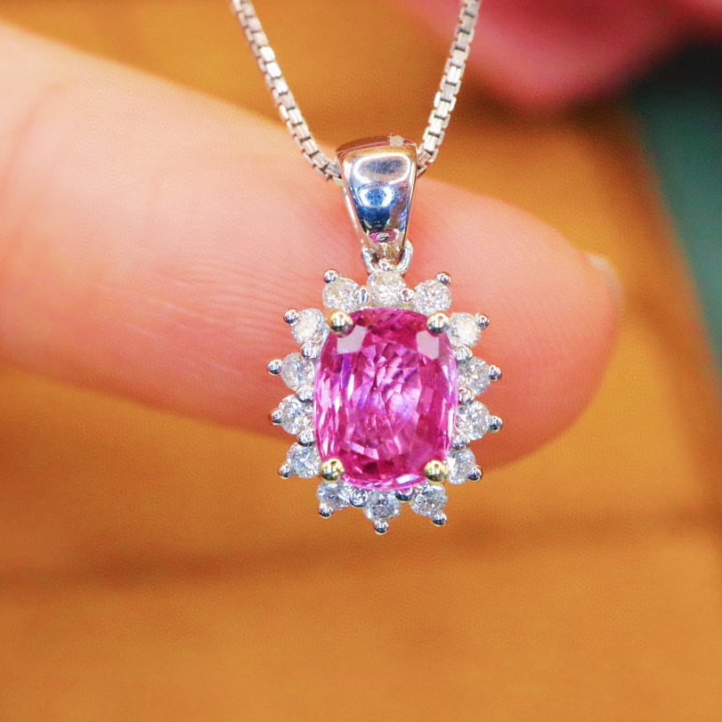 14k Gold 1.38 Ctw Natural Padparadscha Sapphire & Diamond Pendant( Without Chain ): Ref:230970189 // gold content:14k gold // main gemstone:padparadscha sapphire // shape:cushion // carat weight:1. 17ct // color:orangish pink // treatment:natural // // adjacent gemstone 2 :