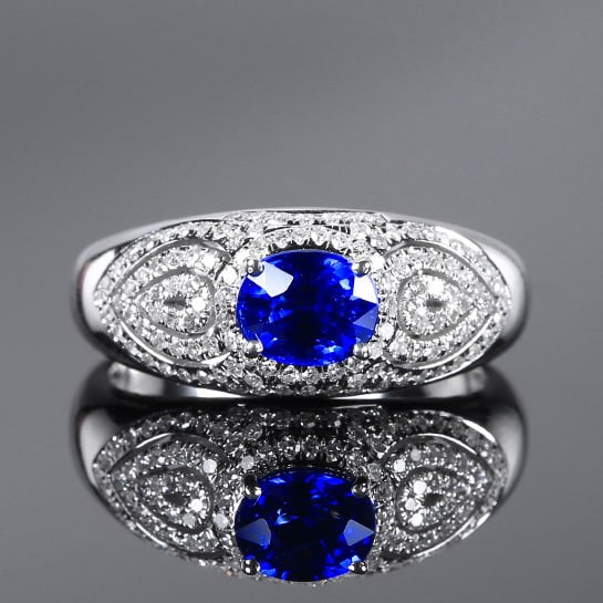 14k Gold 1.49 Ctw Natural Sapphire & Diamond Ring: Ref:230970195 // gold content:14k gold // ring size:7. 25us // // main gemstone:sapphire // shape:oval // carat weight:1. 06ct // color:royal blue // treatment:natural // // adjacent gemstone 2 :