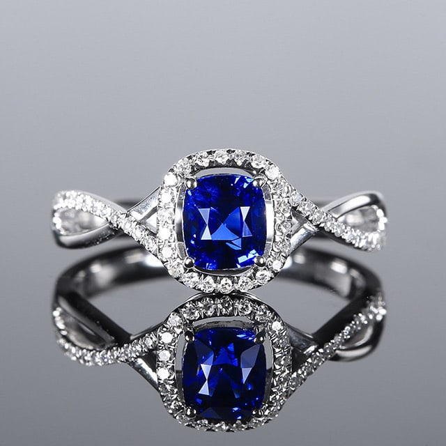 14k Gold 1.24 Ctw Natural Sapphire & Diamond Ring: Ref:230970197 // gold content:14k gold // ring size:7. 25us // // main gemstone:sapphire // shape:cushion // carat weight:1. 06ct // color:royal blue // treatment:natural // // adjacent gemstone 2