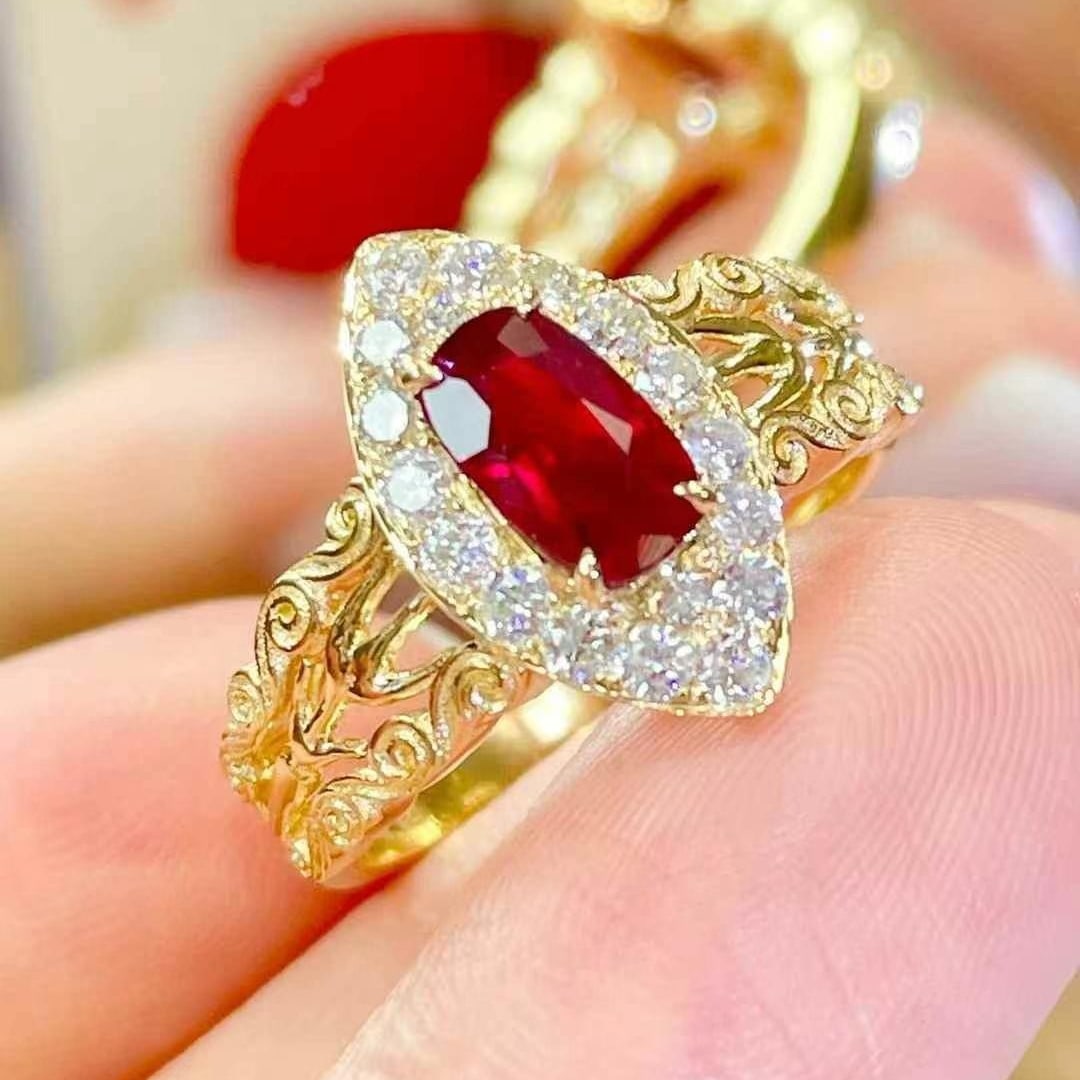 14k Gold 1 Ct Natural Ruby & Diamond Ring: Ref:230970199 // gold content:14k gold // ring size:7. 25us // // main gemstone:ruby // shape:cushion // carat weight:1ct // color:pigeonblood red // treatment:natural // // adjacent gemstone 2 : diam