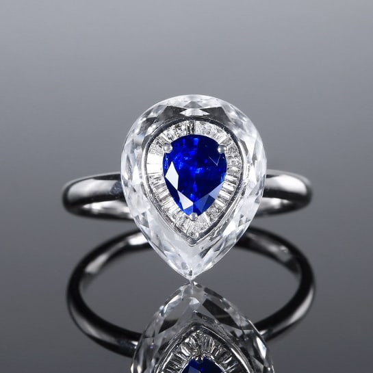 14k Gold 1.00 Ctw Natural Sapphire & Diamond Ring: Ref:230970225 // gold content:14k gold // ring size:7. 25us // // main gemstone:sapphire // shape:pear // carat weight:0. 85ct // color:royal blue // treatment:natural // // adjacent gemstone 2 :
