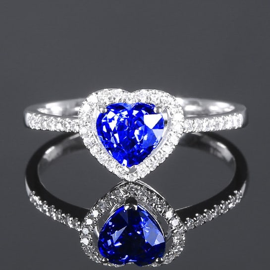 14k Gold 1.14 Ctw Natural Sapphire & Diamond Ring: Ref:230970226 // gold content:14k gold // ring size:7. 25us // // main gemstone:sapphire // shape:heart // carat weight:1ct // color:cornflower blue // treatment:natural // // adjacent gemstone 2