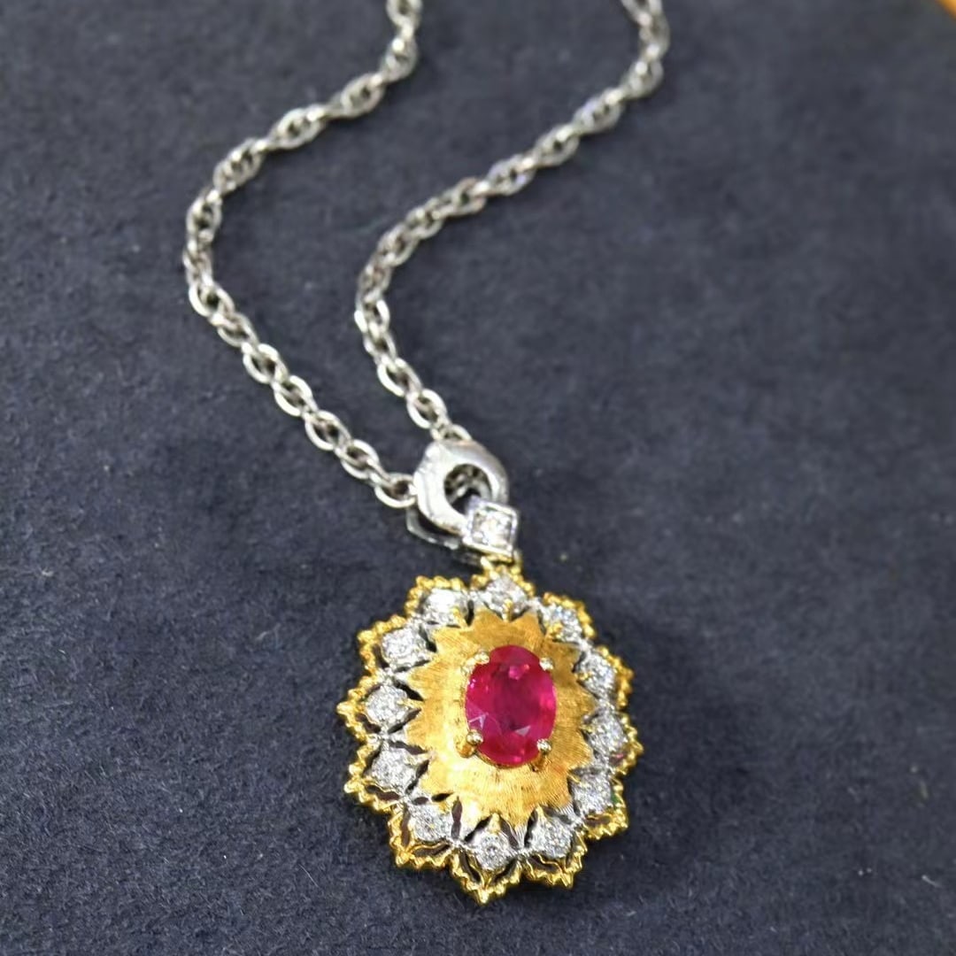 14k Gold 0.88 Ctw Natural Ruby & Diamond Pendant( Without Chain ): Ref:230970227 // gold content:14k gold // main gemstone:ruby // shape:oval // carat weight:0. 68ct // color:red // treatment:natural // // adjacent gemstone 2 : diamond // shape:round // carat