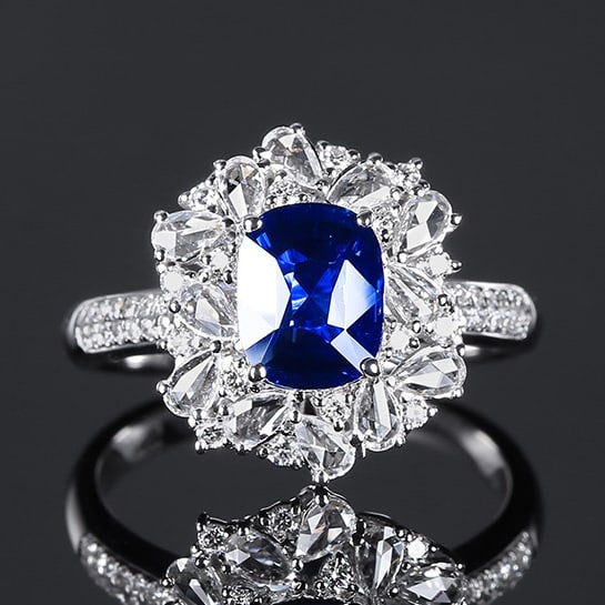 14k Gold 2.57 Ctw Natural Sapphire & Diamond Ring: Ref:230970231 // gold content:14k gold // ring size:7. 25us // // main gemstone:sapphire // shape:cushion // carat weight:2. 01ct // color:royal blue // treatment:natural // // adjacent gemstone 2