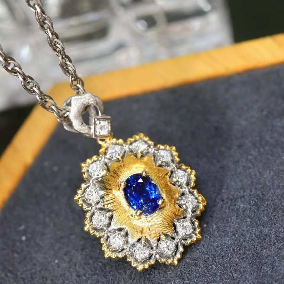 14k Gold 0.76 Ctw Natural Sapphire & Diamond Pendant( Without Chain ): Ref:230970248 // gold content:14k gold // main gemstone:sapphire // shape:oval // carat weight:0. 56ct // color:blue // treatment:natural // // adjacent gemstone 2 : diamond // shape:round // carat