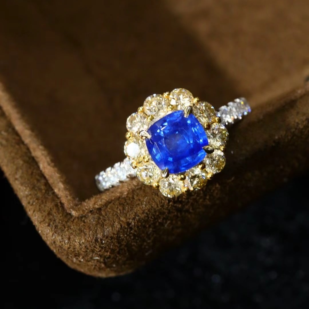 14k Gold 2.32 Ctw Natural Sapphire & Diamond Ring: Ref:230970256 // gold content:14k gold // ring size:7. 25us // // main gemstone:sapphire // shape:cushion // carat weight:1. 16ct // color:cornflower blue // treatment:natural // // adjacent gemstone