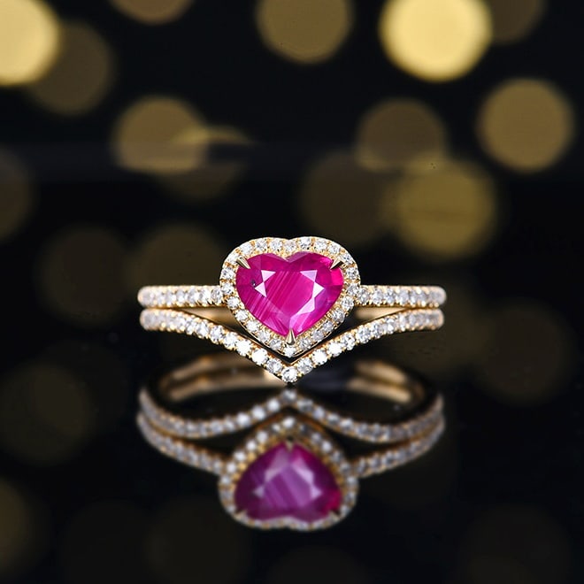 14k Gold 1.15 Ctw Natural Ruby & Diamond Ring: Ref:230970299 // gold content:14k gold // ring size:7. 25us // // main gemstone:ruby // shape:heart // carat weight:0. 86ct // color:red // treatment:natural // // adjacent gemstone 2 : diamond // num