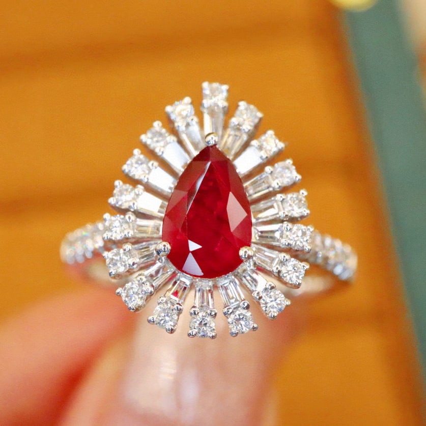 14k Gold 1.65 Ctw Natural Ruby & Diamond Ring/pendant( Without Chain ): Ref:230970302 // gold content:14k gold // ring size:7. 25us // // main gemstone:ruby // shape:pear // carat weight:1. 08ct // color:pigeonblood red // treatment:natural // // adjacent gemstone 2 :