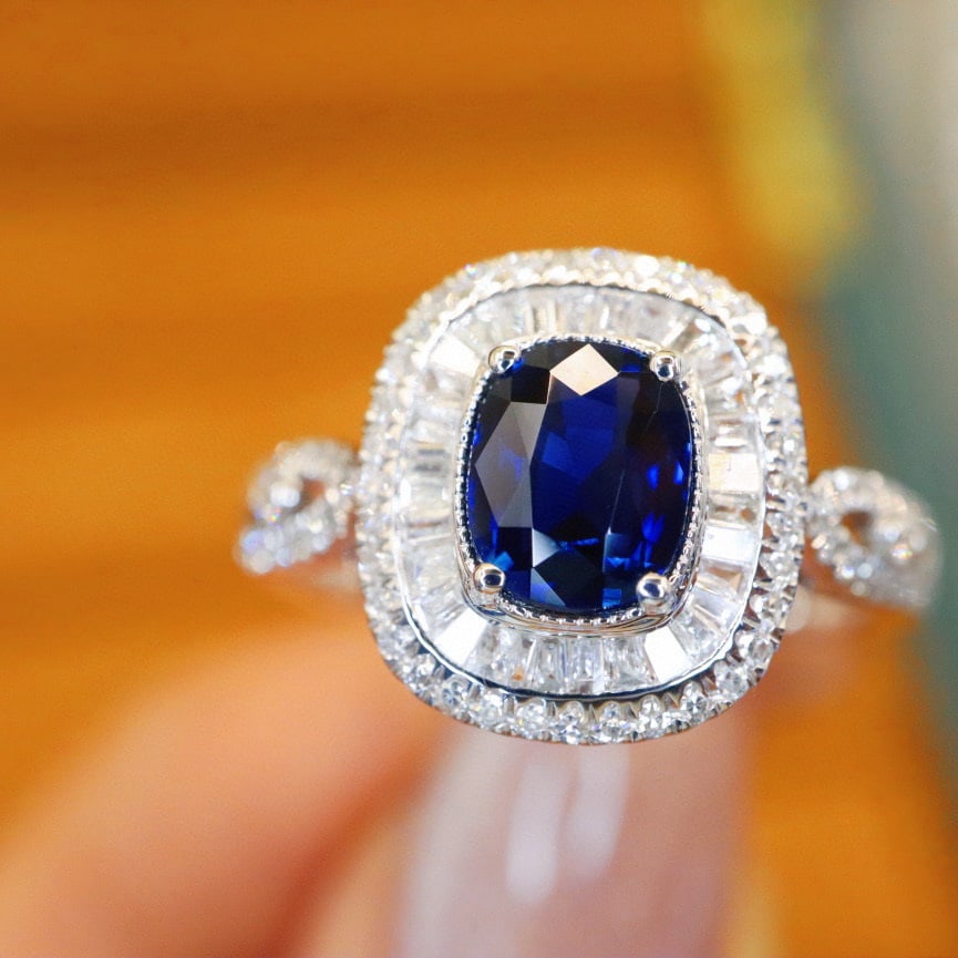 14k Gold 1.53 Ctw Natural Sapphire & Diamond Ring: Ref:230970303 // gold content:14k gold // ring size:7. 25us // // main gemstone:sapphire // shape:cushion // carat weight:1. 05ct // color:royal blue // treatment:natural // // adjacent gemstone 2