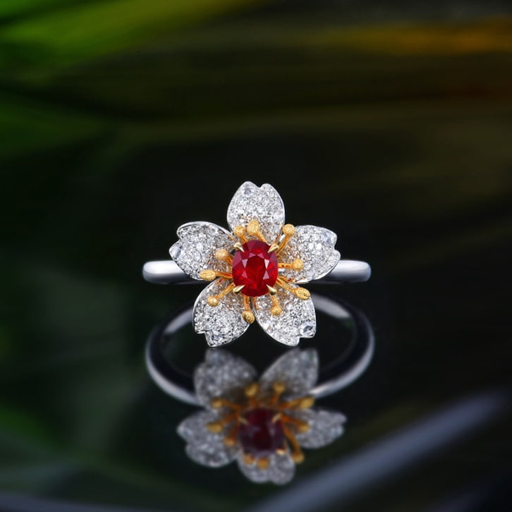 14k Gold 0.95 Ctw Natural Ruby & Diamond & Flowers Ring: Ref:230970318 // gold content:14k gold // ring size:7. 25us // // main gemstone:ruby // shape:oval // carat weight:0. 58ct // color:pigeonblood red // treatment:natural // // adjacent gemstone 2 :