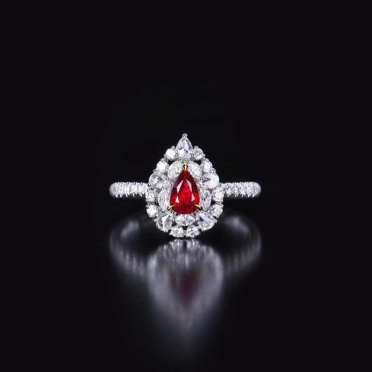 14k Gold 1.09 Ctw Natural Ruby & Diamond Ring: Ref:230970342 // gold content:14k gold // ring size:7. 25us // // main gemstone:ruby // shape:pear // carat weight:0. 53ct // color:pigeonblood red // treatment:natural // // adjacent gemstone 2 : dia