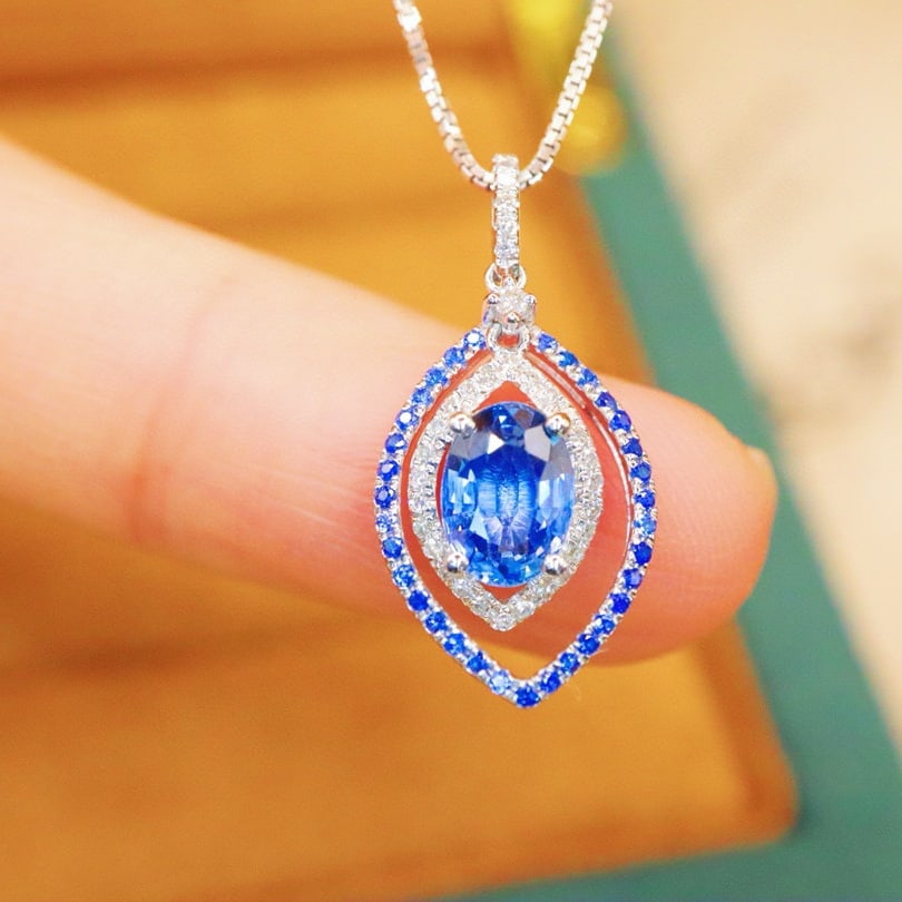 14k Gold 1.37 Ctw Natural Sapphire & Diamond Pendant( Without Chain ): Ref:230970344 // gold content:14k gold // main gemstone:sapphire // shape:oval // carat weight:1. 27ct // color:cornflower blue // treatment:natural // // adjacent gemstone 2 : diamond // number of