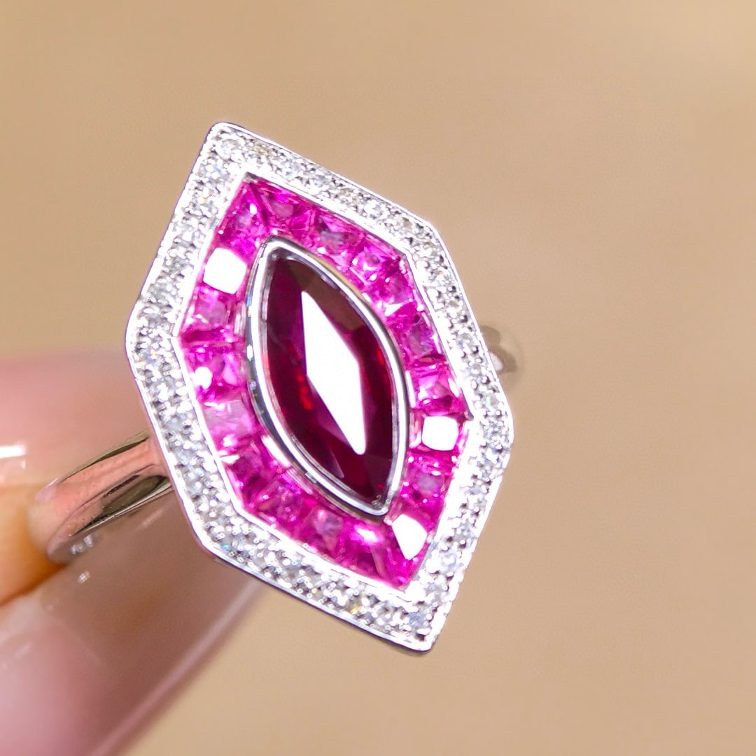 14k Gold 1.20 Ctw Natural Ruby & Diamond Ring: Ref:230970364 // gold content:14k gold // ring size:7. 25us // // main gemstone:ruby // shape:marquise // carat weight:1. 04ct // color:pigeonblood red // treatment:natural // // adjacent gemstone 2 :