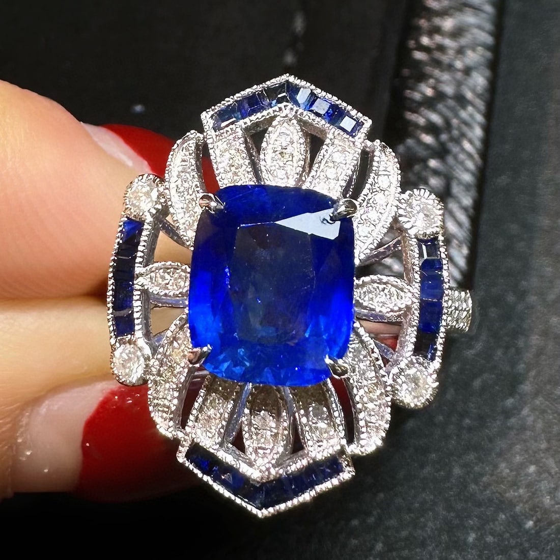 14k Gold 3.14 Ctw Natural Sapphire & Diamond Ring: Ref:230970367 // gold content:14k gold // ring size:7. 25us // // main gemstone:sapphire // shape:cushion // carat weight:2. 87ct // color:royal blue // treatment:natural // // adjacent gemstone 2