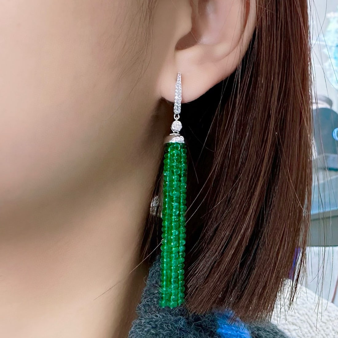 14k Gold 33.35 Ct Natural Emerald & Diamond Earrings - 4