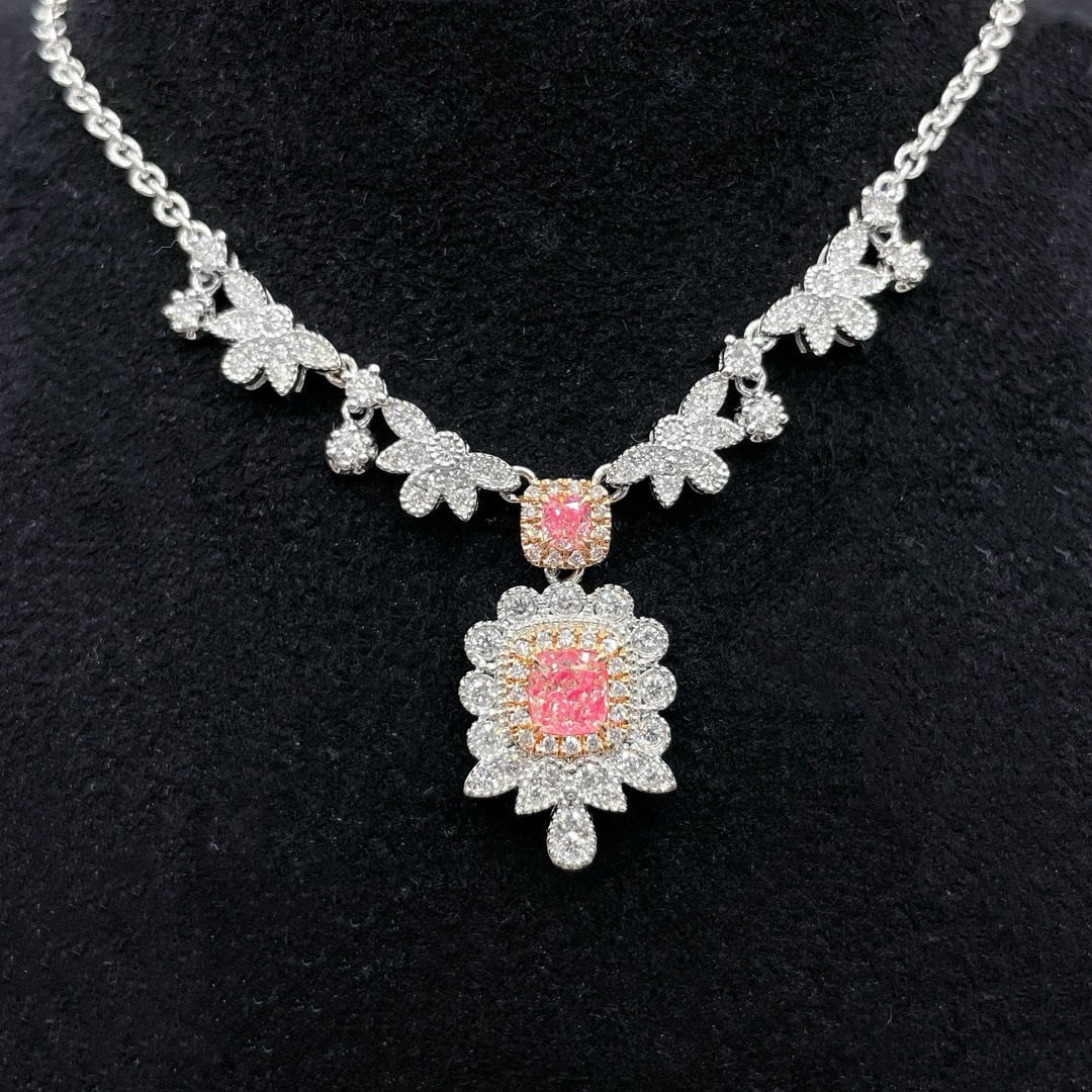 14k Gold 1.48 Ctw Natural Pink Diamond & Diamond Necklace: Ref:230970420 // gold content:14k gold // main gemstone:pink diamond // shape:cushion // carat weight:0. 68ct // color:pink // treatment:natural // // adjacent gemstone 2 : diamond // shape:round