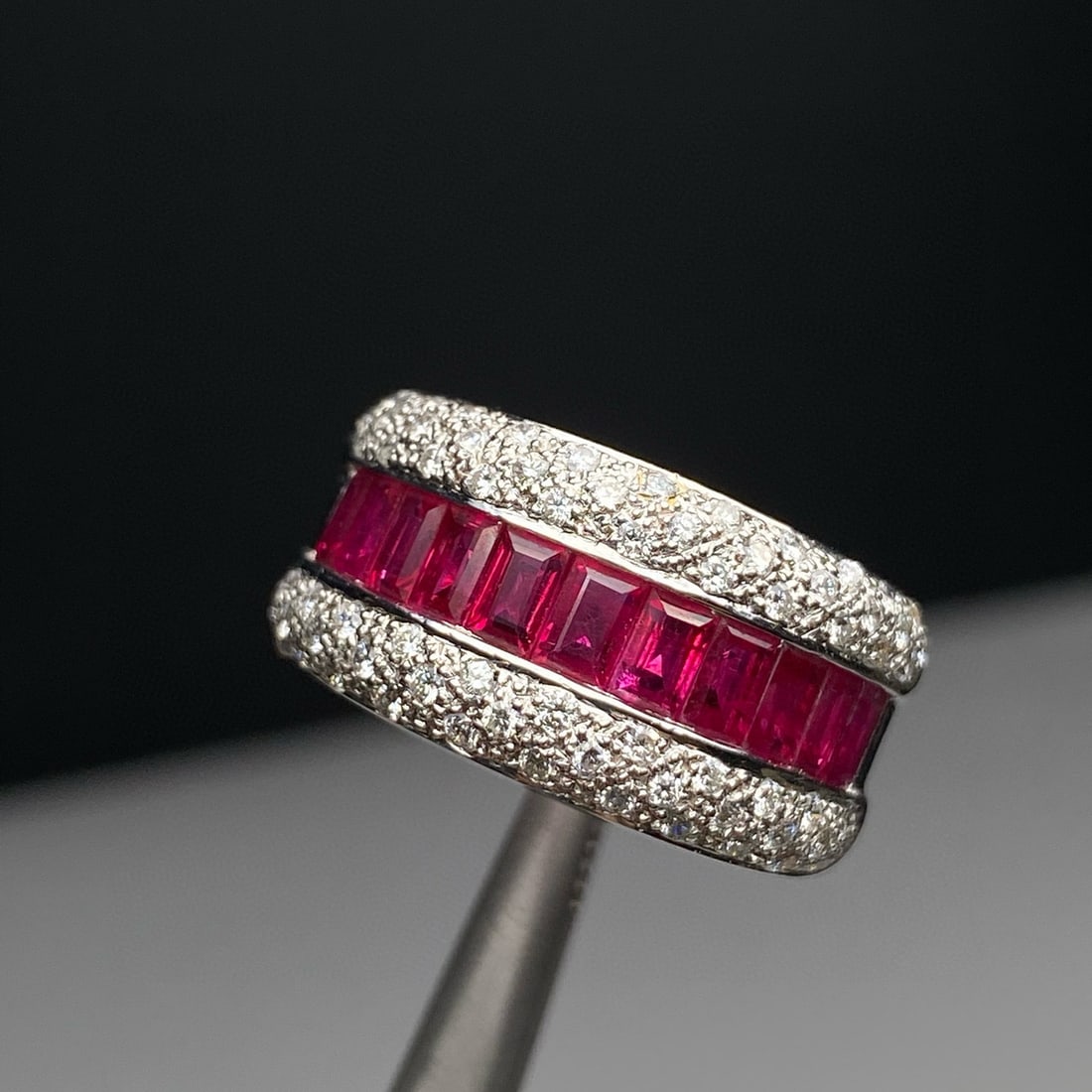 14k Gold 2.46 Ctw Natural Ruby & Diamond Ring: Ref:230970428 // gold content:14k gold // ring size:7. 25us // // main gemstone:ruby // shape:rectangle // carat weight:1. 96ct // color:red // treatment:natural // // adjacent gemstone 2 :