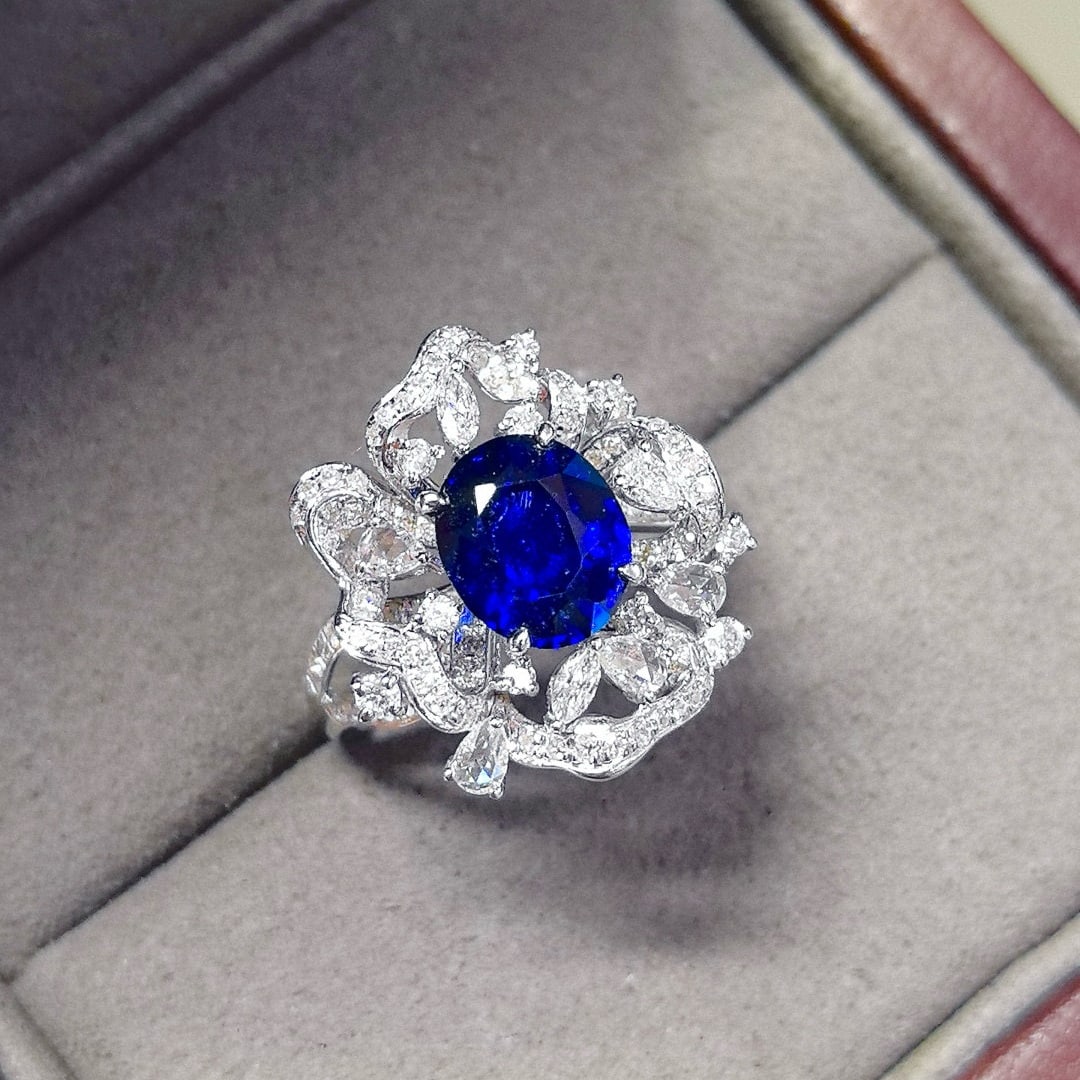 14k Gold 2.73 Ctw Natural Sapphire & Diamond Ring: Ref:230970448 // gold content:14k gold // ring size:7. 25us // // main gemstone:sapphire // shape:oval // carat weight:1. 95ct // color:royal blue // treatment:natural // // adjacent gemstone 2 :