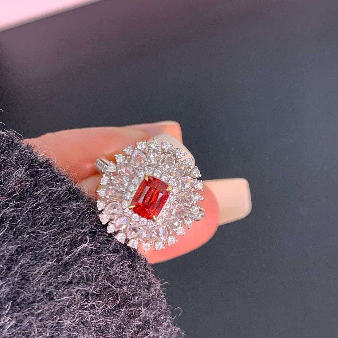 14k Gold 2.20 Ctw Natural Spinel & Diamond Ring/pendant( Without Chain ): Ref:230970450 // gold content:14k gold // ring size:7. 25us // // main gemstone:spinel // shape:cushion // carat weight:1. 04ct // color:pinkish orange // treatment:natural // // adjacent gemstone