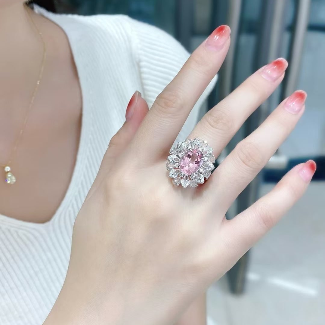 14k Gold 4.82 Ctw Natural Morganite & Sapphire Ring - 3