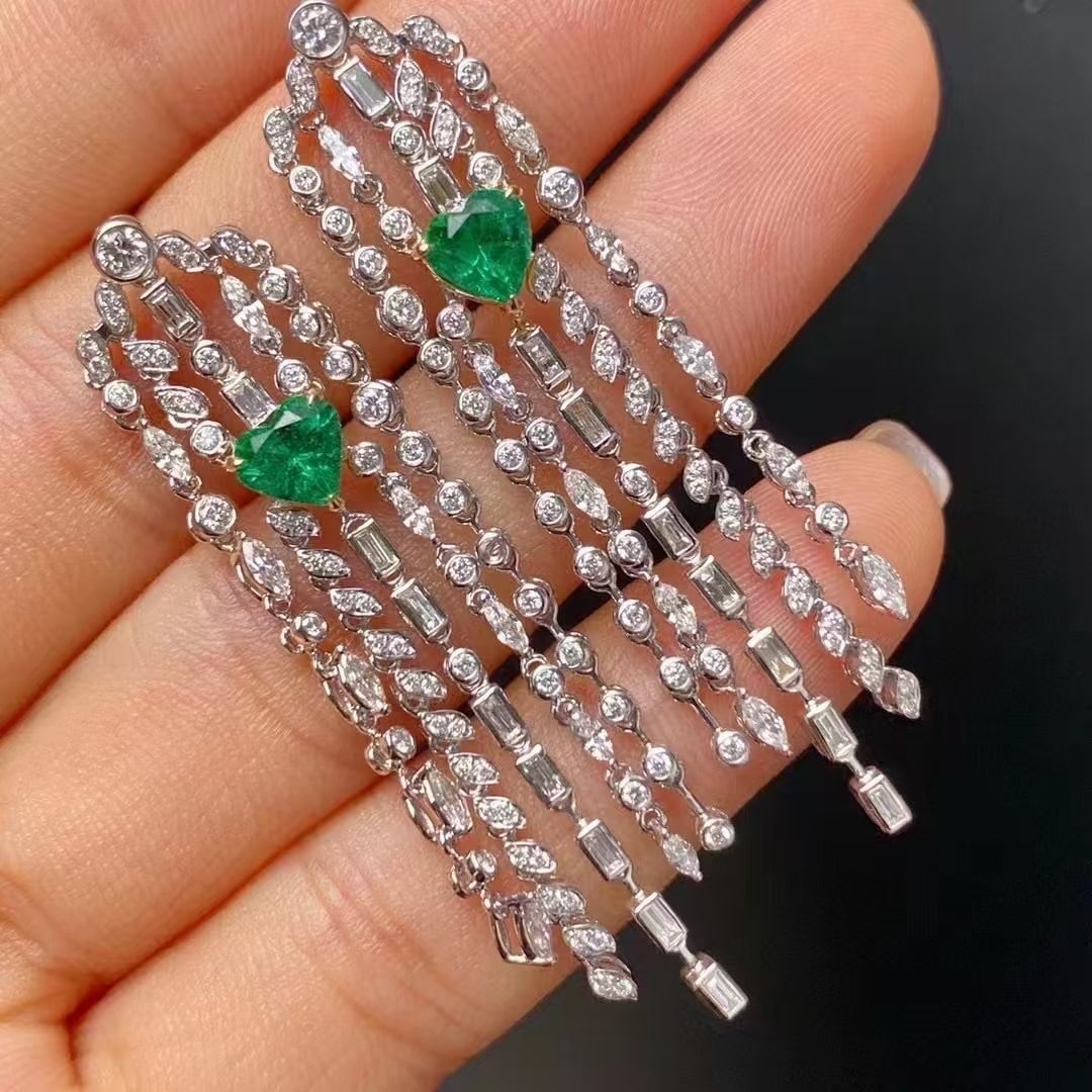 14k Gold 2.41 Ctw Vivid Green Natural Emerald & Diamond Earrings - 2