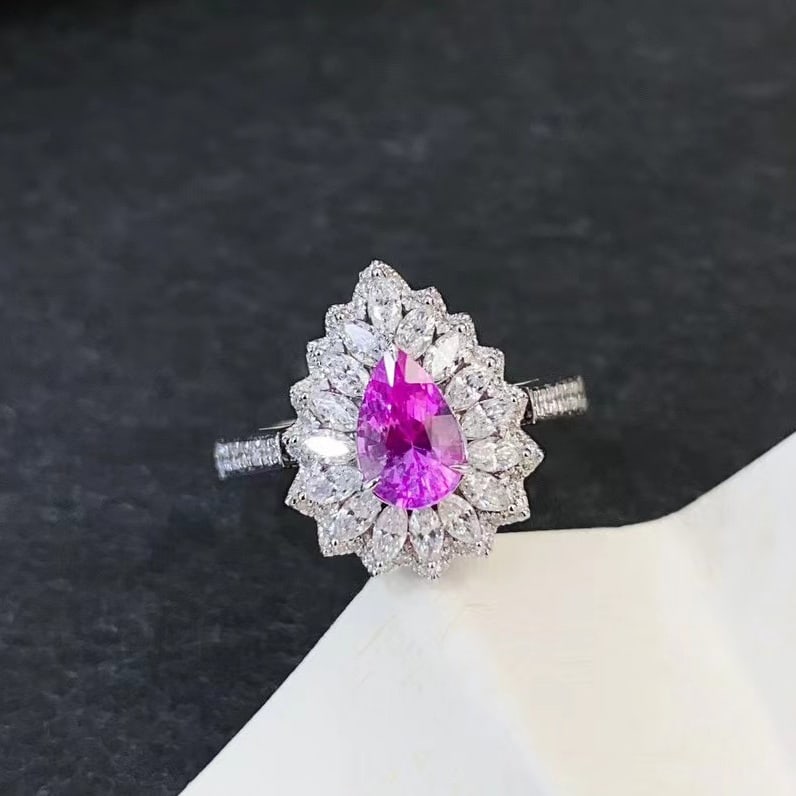 14k Gold 1.84 Ctw Natural Sapphire & Diamond Ring/pendant( Without Chain ): Ref:230971021 // gold content:14k gold // ring size:7. 25us // // main gemstone:sapphire // shape:pear // carat weight:1. 04ct // color:pink // treatment:natural // // adjacent gemstone 2 :