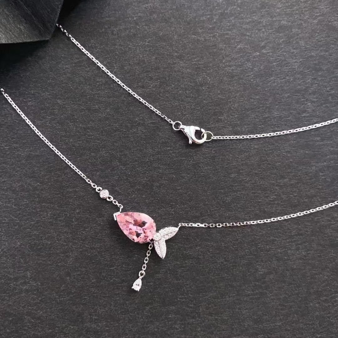 14k Gold 1.87 Ctw Natural Morganite & Diamond Necklace - 4